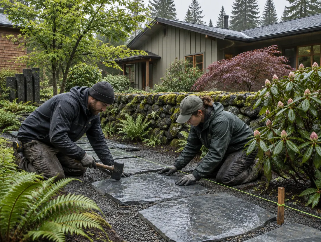 Two Harrowfield crew bedding bluestone flags on a gravel base on a wet spring morning