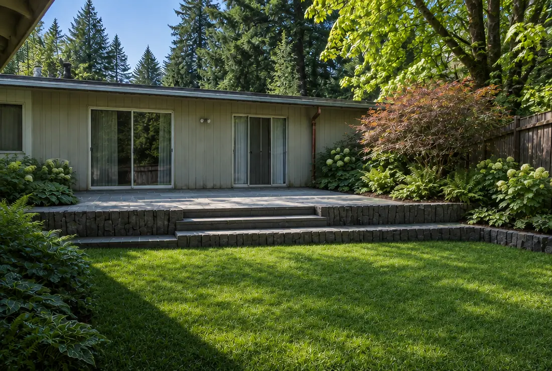 The same Tualatin garden terraced in basalt with a bluestone terrace and a level lawn