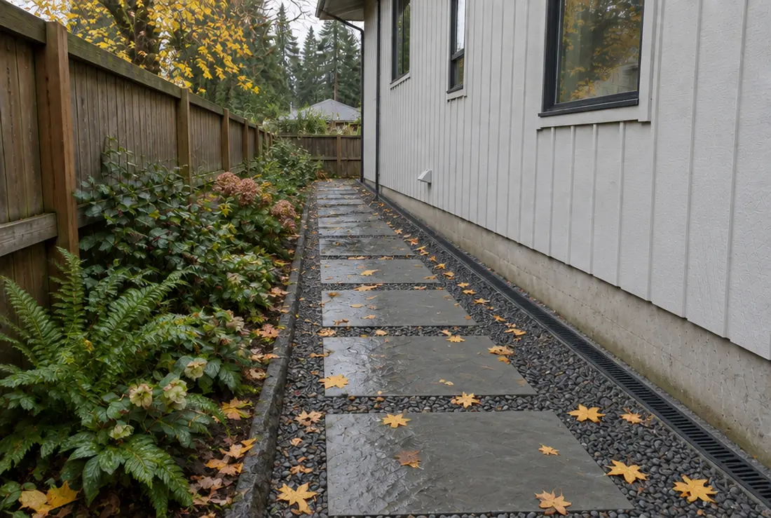 The same Milwaukie side yard as a bluestone stepping-stone walk with ferns and a slot drain