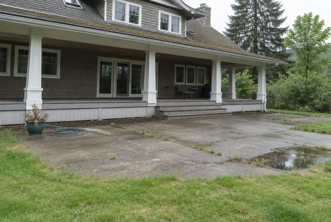 A cracked and stained concrete patio behind a shingled Oregon City house on an overcast day