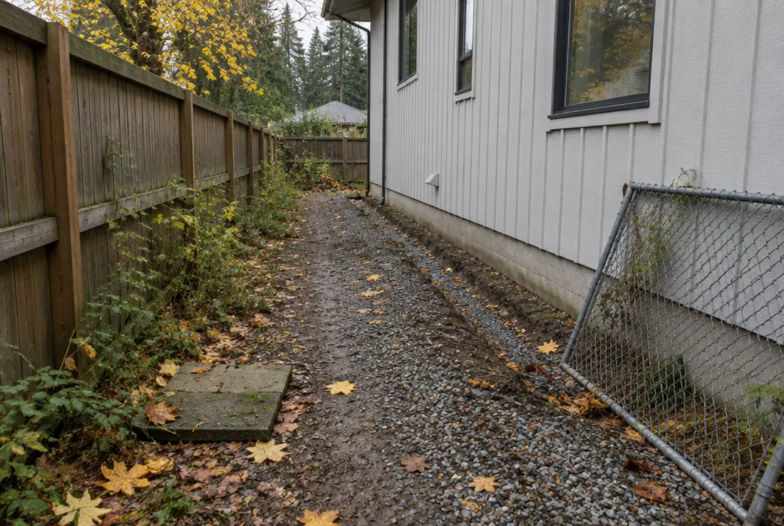 A muddy gravel side yard in Milwaukie with a leaning chain-link panel and fallen leaves
