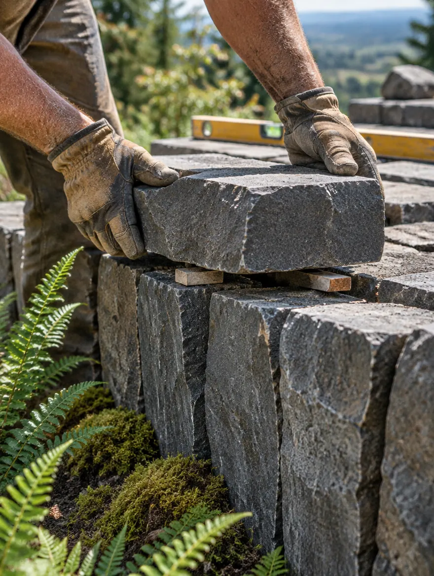 A mason's gloved hands lowering a sawn basalt cap stone onto a dry-laid wall in hard midday sun