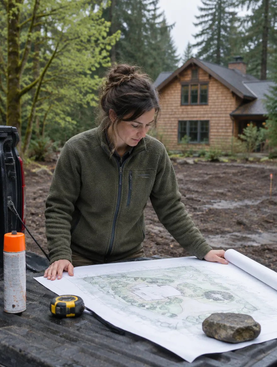 A Harrowfield designer reading a garden drawing on a truck tailgate at a stripped site