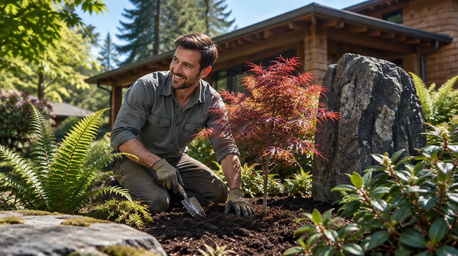 A Harrowfield gardener planting a Japanese maple beside a basalt boulder in a Lake Oswego garden