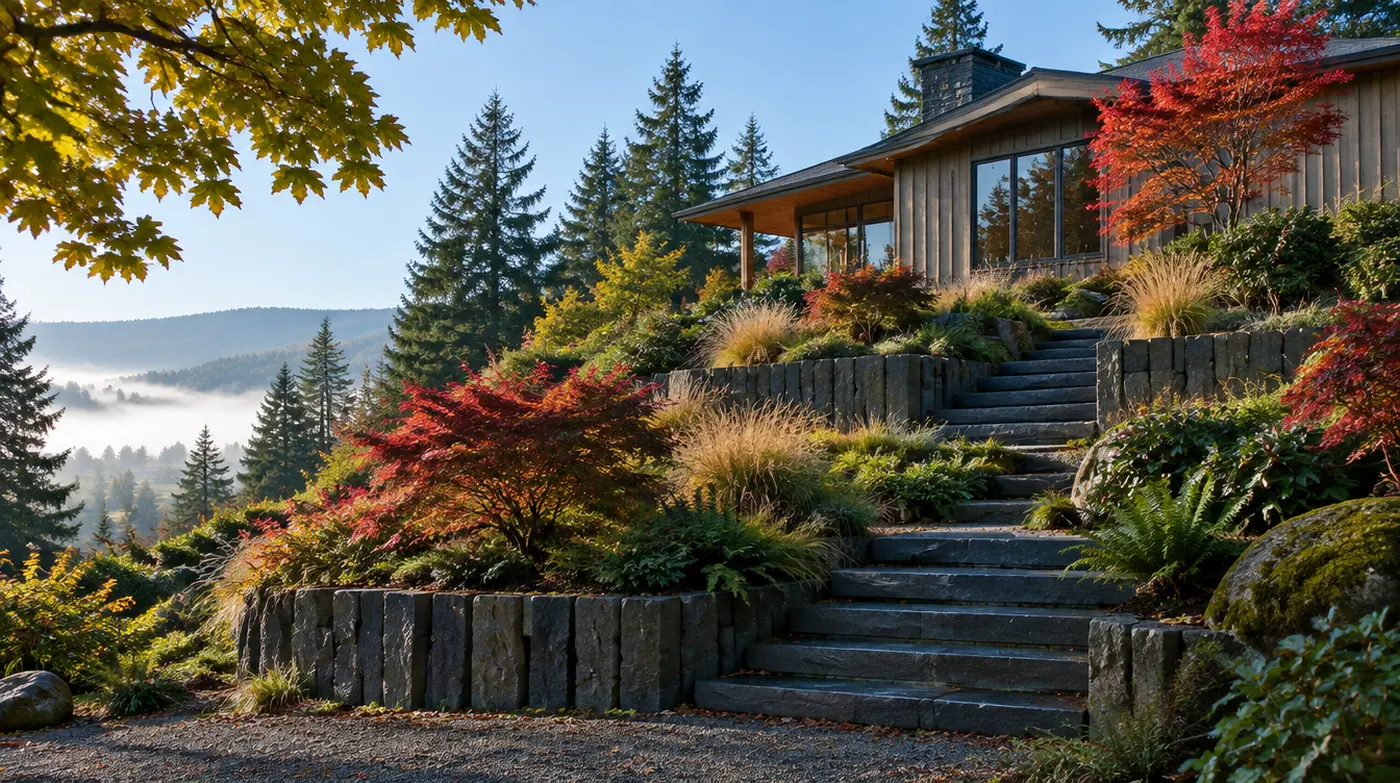 Three terraced basalt retaining walls on a West Linn hillside with maples in autumn colour