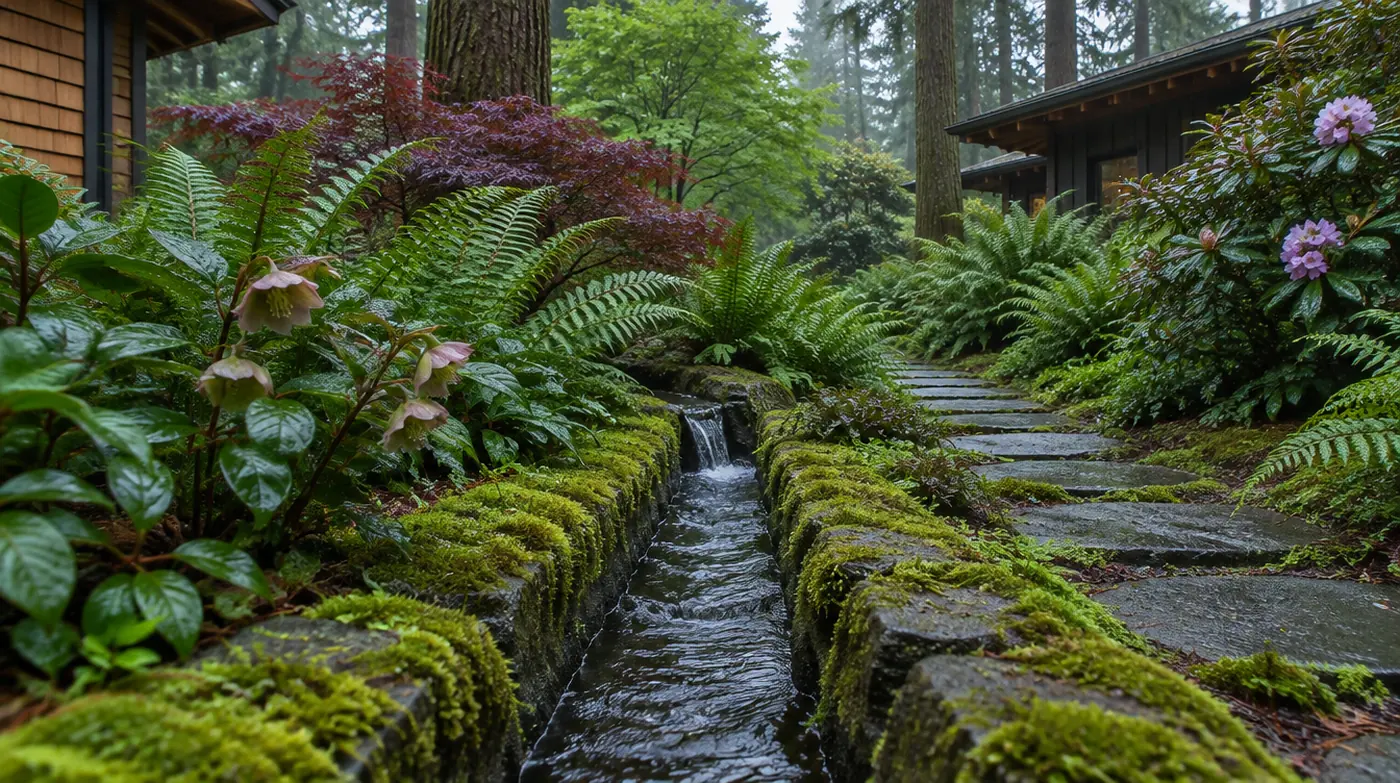 A basalt rill running through a Sherwood shade garden of ferns and hellebores on a wet February day