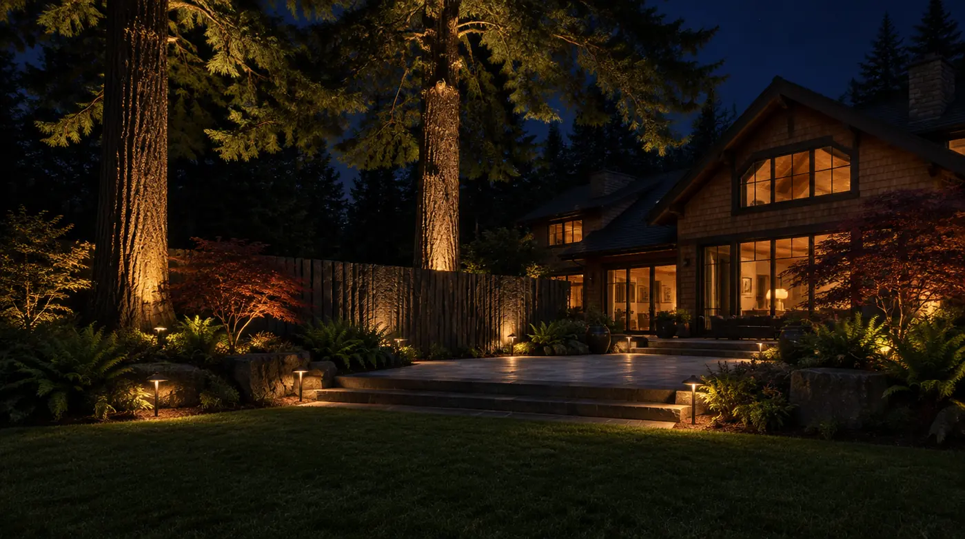 A Lake Oswego bluestone terrace at night lit by low path lights and uplighting on the fir trunks