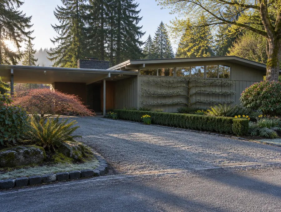 A mid-century Lake Oswego front garden with a basalt-edged gravel drive on a frosty spring morning
