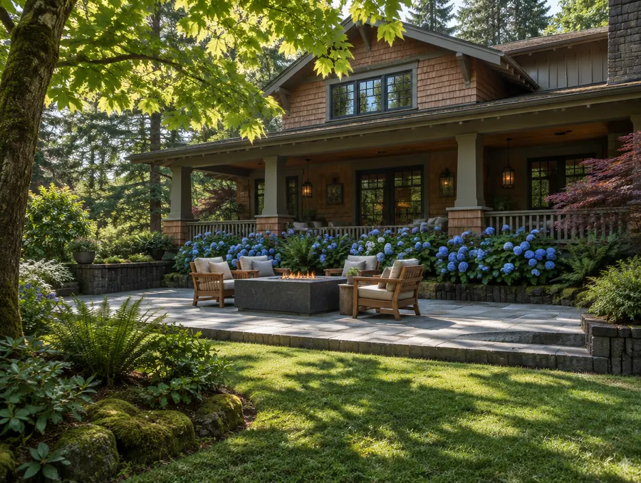 A shingled Craftsman in West Linn with a bluestone terrace and blue hydrangeas in high summer