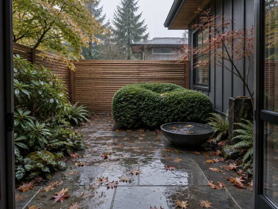 A compact modern Sherwood courtyard of sawn bluestone with wet autumn leaves on the paving