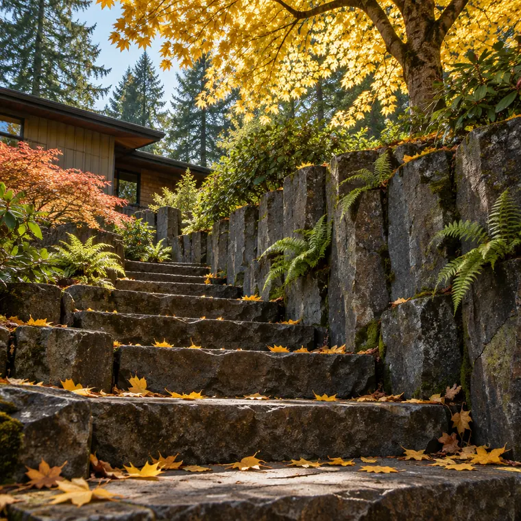 A dry-laid columnar basalt retaining wall with wide basalt steps under a gold big-leaf maple