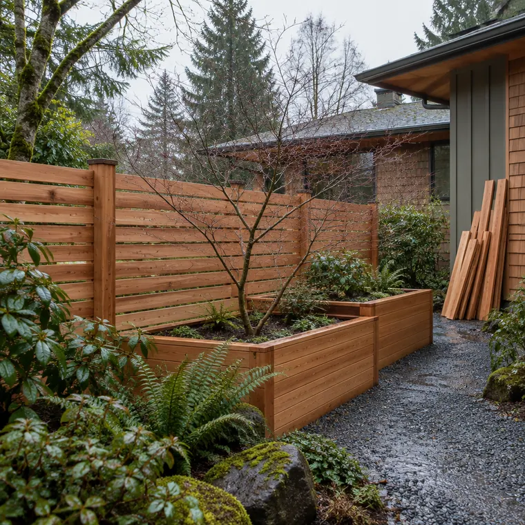 A newly built western red cedar slat screen and matching raised beds on a bare winter afternoon