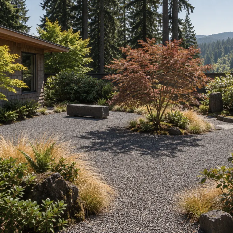 A finished crushed basalt courtyard with drought planting under midday late-summer sun