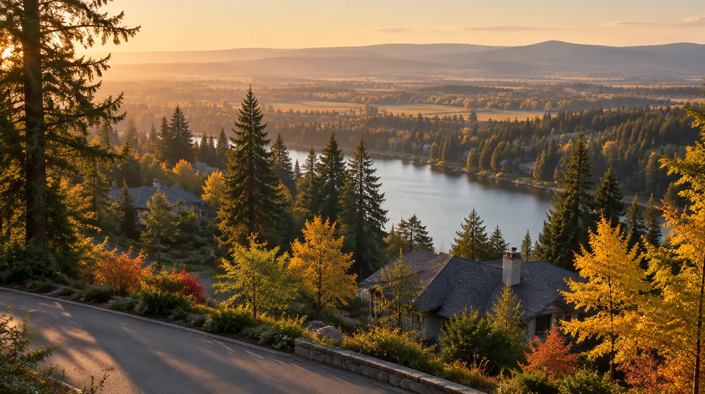 A late-afternoon view over the wooded Oswego lakeside and the Willamette Valley beyond